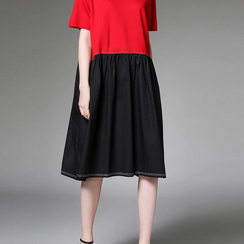 Load image into Gallery viewer, Women Black Red Color-block Big Size Knee Length Dress New Round Neck Short Sleeve Fashion Tide Spring Summer 2025 1DJ1509
