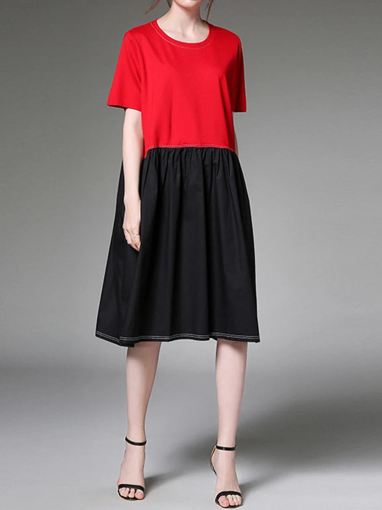 Women Black Red Color-block Big Size Knee Length Dress New Round Neck Short Sleeve Fashion Tide Spring Summer 2025 1DJ1509