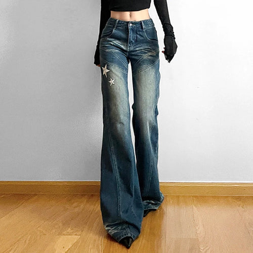 Load image into Gallery viewer, Korean Fashion Star Embroidery Flared Jeans Women Streetwear Star Embroidery Distressed Boot Cut Denim Trousers Pants
