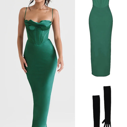 Load image into Gallery viewer, Green Maxi Bodycon Dress Sexy Celebrity Event Prom Night Party Dresses Satin V Neck Spaghetti Strap Women Dresses 2022 Summer
