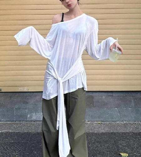 White Woman Tshirts 2024 Ropa Mujer Long Sleeve Off Shoulder Loose Tees Fashion Camisetas Bandage Bow See Throught Y2k T Shirt
