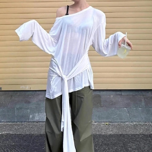 Load image into Gallery viewer, White Woman Tshirts 2024 Ropa Mujer Long Sleeve Off Shoulder Loose Tees Fashion Camisetas Bandage Bow See Throught Y2k T Shirt
