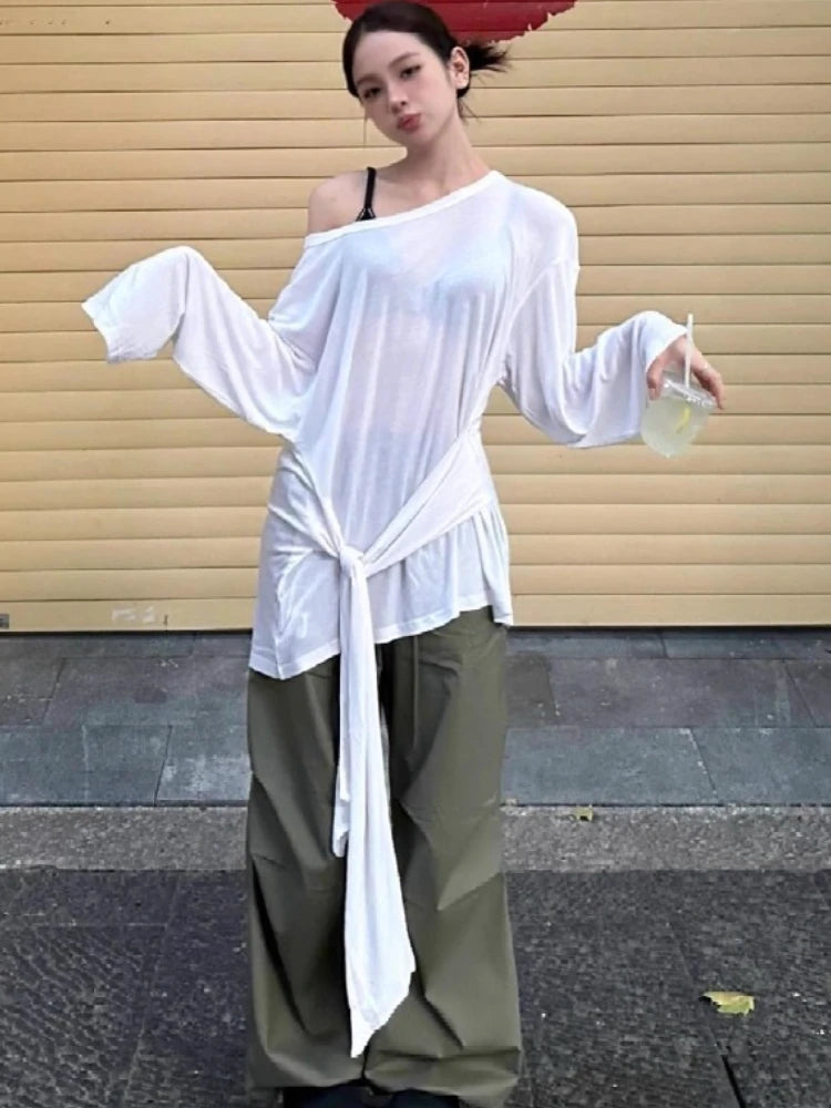 White Woman Tshirts 2024 Ropa Mujer Long Sleeve Off Shoulder Loose Tees Fashion Camisetas Bandage Bow See Throught Y2k T Shirt