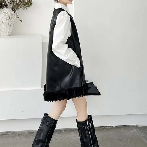 Load image into Gallery viewer, Black Leather Mesh Dress Shirt Two Pieces Suit New Lapel Long Sleeve Women Fashion Tide Spring Autumn 2025 1DH9256
