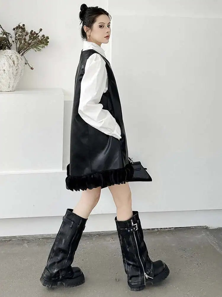 Black Leather Mesh Dress Shirt Two Pieces Suit New Lapel Long Sleeve Women Fashion Tide Spring Autumn 2025 1DH9256