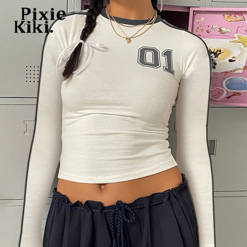 Load image into Gallery viewer, Side Striped Long Sleeve Crop Tops White Graphic T Shirts for Women Retro 2000s Clothes Y2k Tees P84-BA14
