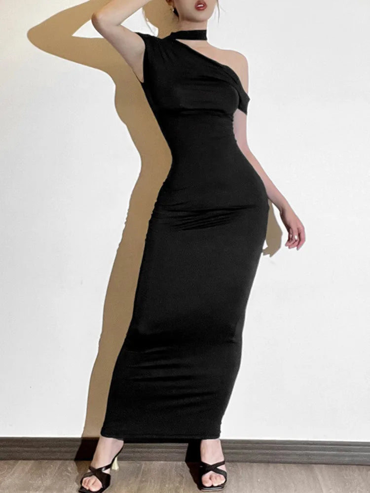 Elegant Sleeveless Irregular Bodycon Dress For Women 2024 Autumn New Fashion Long Dress Off Shoulder Party Evening Dress