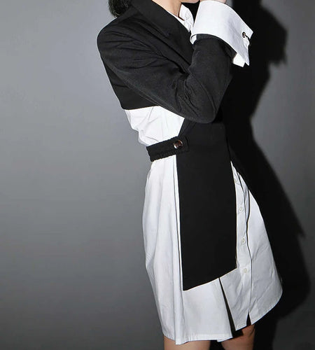 Women Black Cross Split Joint Blazer New Lapel Long Sleeve Loose Fit  Jacket Fashion Tide Spring Autumn 2025 1T447