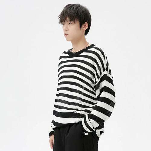 Load image into Gallery viewer, Korean Style Men&#39;s Sweater Hollow Out Striped Contrast Color Male Pullovers Round Collar Menwear Tops Autumn Trend 9C7037
