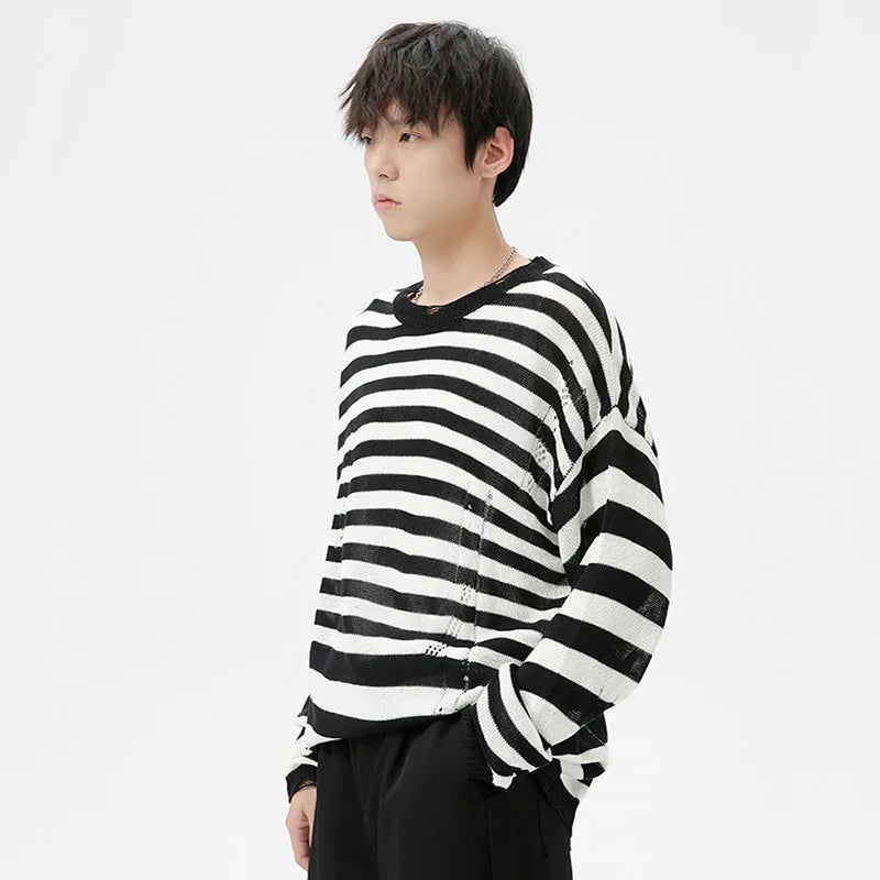 Korean Style Men's Sweater Hollow Out Striped Contrast Color Male Pullovers Round Collar Menwear Tops Autumn Trend 9C7037