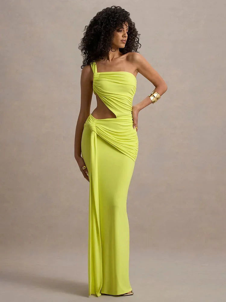 Irregular Ruched Sexy Maxi Dress For Women Gown Hollow Out One Shoulder Sleevelessdraped Bodycon Club Party Long Dress