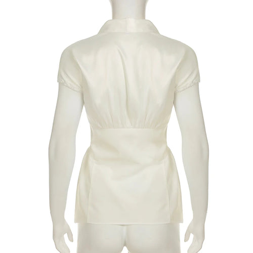 Load image into Gallery viewer, French Style White Puff Sleeve Satin Shirts Women Summer Elegant V-Neck Slimming Button Tops Ladies Casual Blouse New
