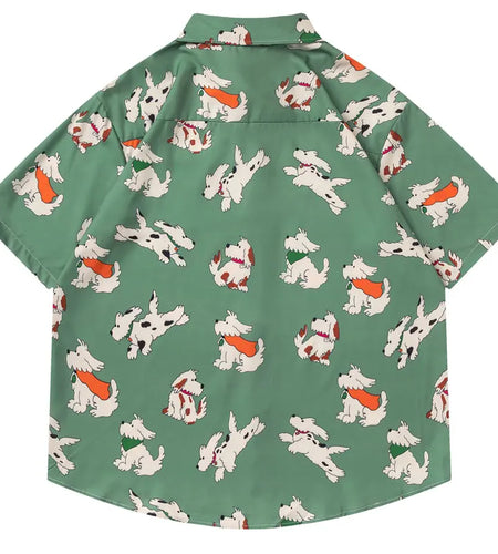 Hawaiian Shirts Cartoon Dog Graphic Printed Beach Blouse Harajuku Baggy Button Up Short Sleeve Shirt Hip Hop Casual Summer Tops