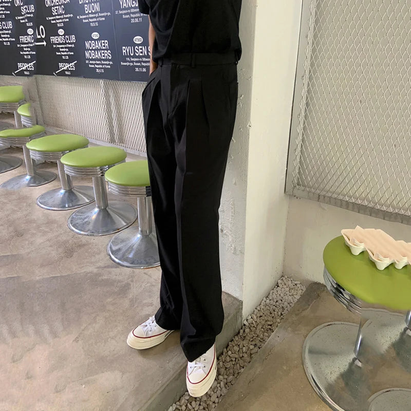 Dropped Loose Straight Men's Suit Pants Pleated Autumn Korean Fashion Wide Leg Solid Color Male Trousers Simple 9C8987