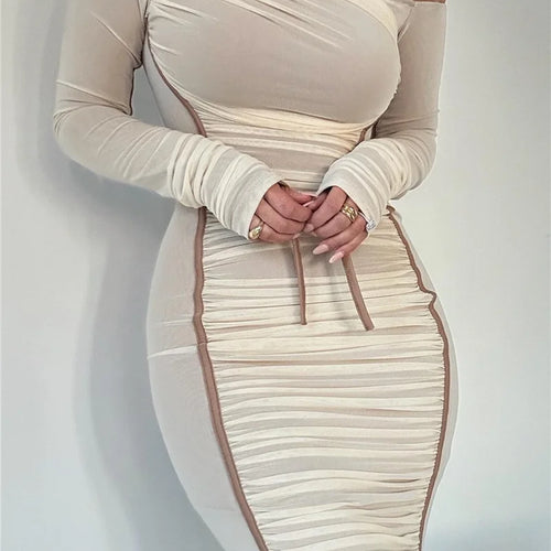 Load image into Gallery viewer, Diagonal Collar Long Sleeve Midi Dress For Women Two Layer Mesh Backless Ruched Bodycon Club Party Sexy Long Dress
