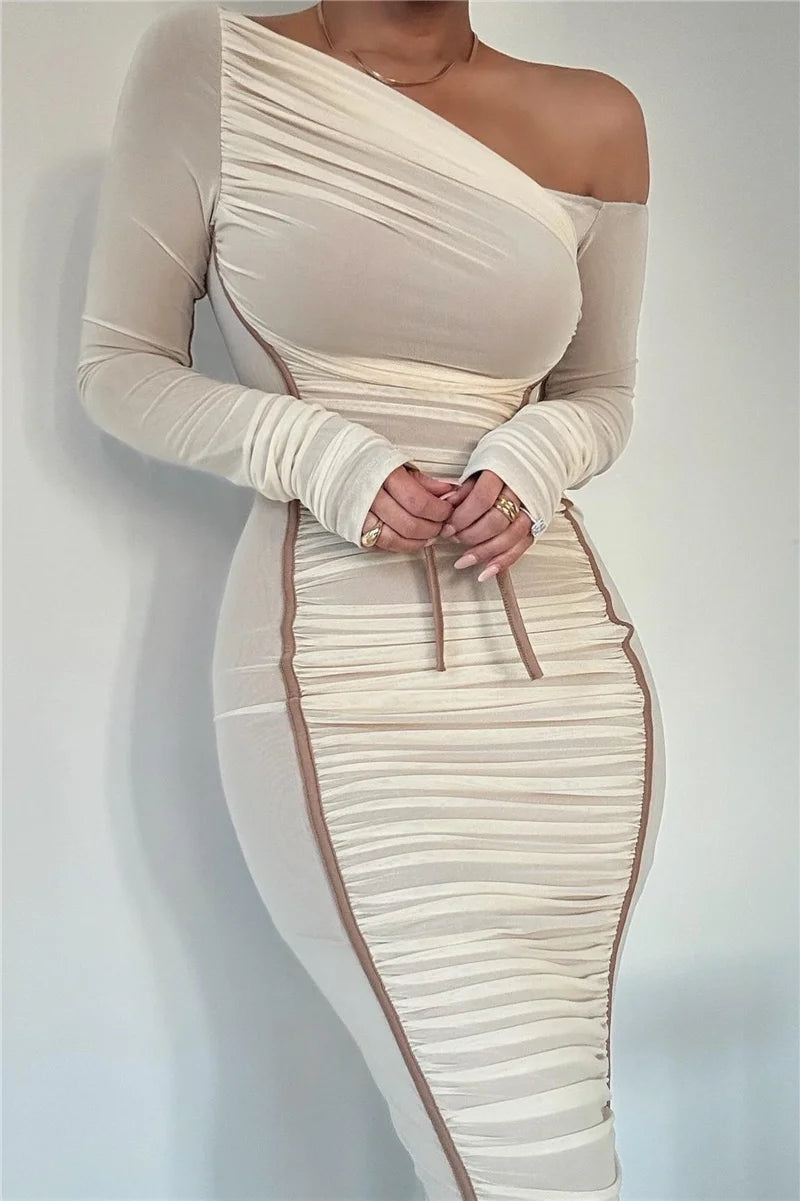 Diagonal Collar Long Sleeve Midi Dress For Women Two Layer Mesh Backless Ruched Bodycon Club Party Sexy Long Dress