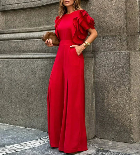 Red Romper Jumpsuit Woman 2025 New Summer Falbala Short Sleeves Wide Leg Jumpsuits Woman Elegant Party Formal Clothes