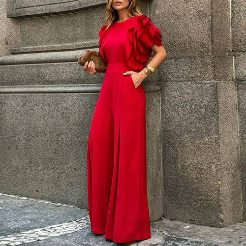 Load image into Gallery viewer, Red Romper Jumpsuit Woman 2025 New Summer Falbala Short Sleeves Wide Leg Jumpsuits Woman Elegant Party Formal Clothes
