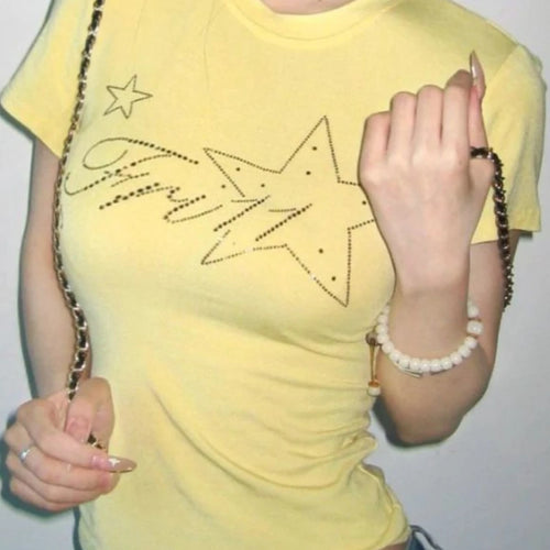 Load image into Gallery viewer, 2025 Summer Yellow Gothic Tee Femme Y2k Aesthetic Slim Women Sexy Crop T-shirt Vintage Diamond Letter Streetwear Grunge Tshirts
