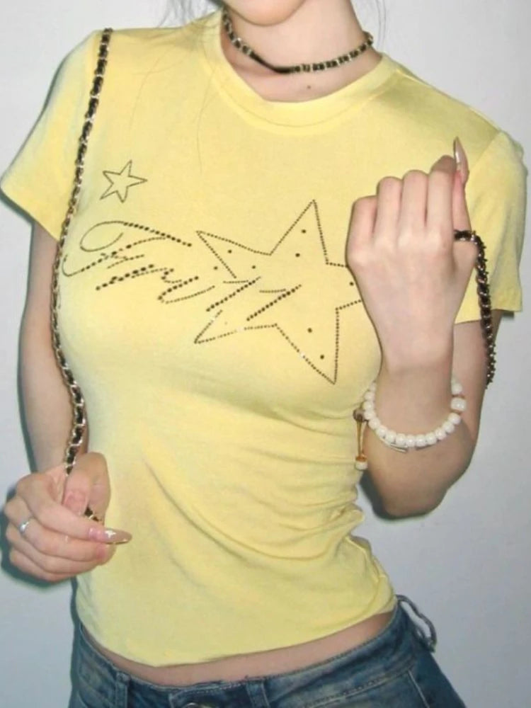 2025 Summer Yellow Gothic Tee Femme Y2k Aesthetic Slim Women Sexy Crop T-shirt Vintage Diamond Letter Streetwear Grunge Tshirts