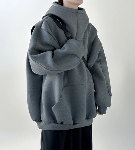 Korean Style Men's Sweaters Turtleneck Fake Two-piece Design Big Pocket Solid Color Casual Male Tops Autumn Tide 24E5542