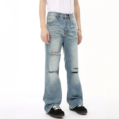 Load image into Gallery viewer, American Style Men&#39;s Denim Pants Casual Worn-out Hole Wide Leg Menwear Straight Solid Color Male Bottom Chic 9C6608
