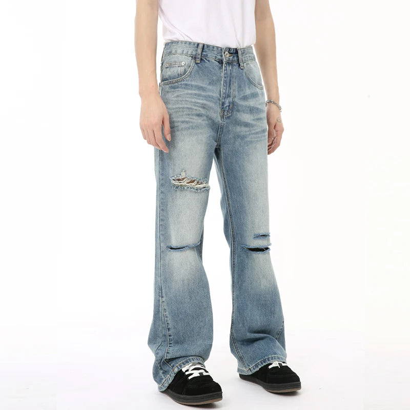 American Style Men's Denim Pants Casual Worn-out Hole Wide Leg Menwear Straight Solid Color Male Bottom Chic 9C6608