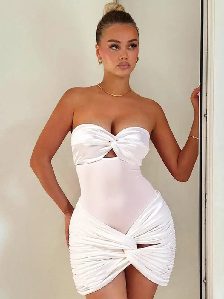 Sexy 2 Pieces Sets For Women Off-shoulder Strapless Hollow Out Bodysuit And Hot Skirt Two Pieces Sets Sexy Suit