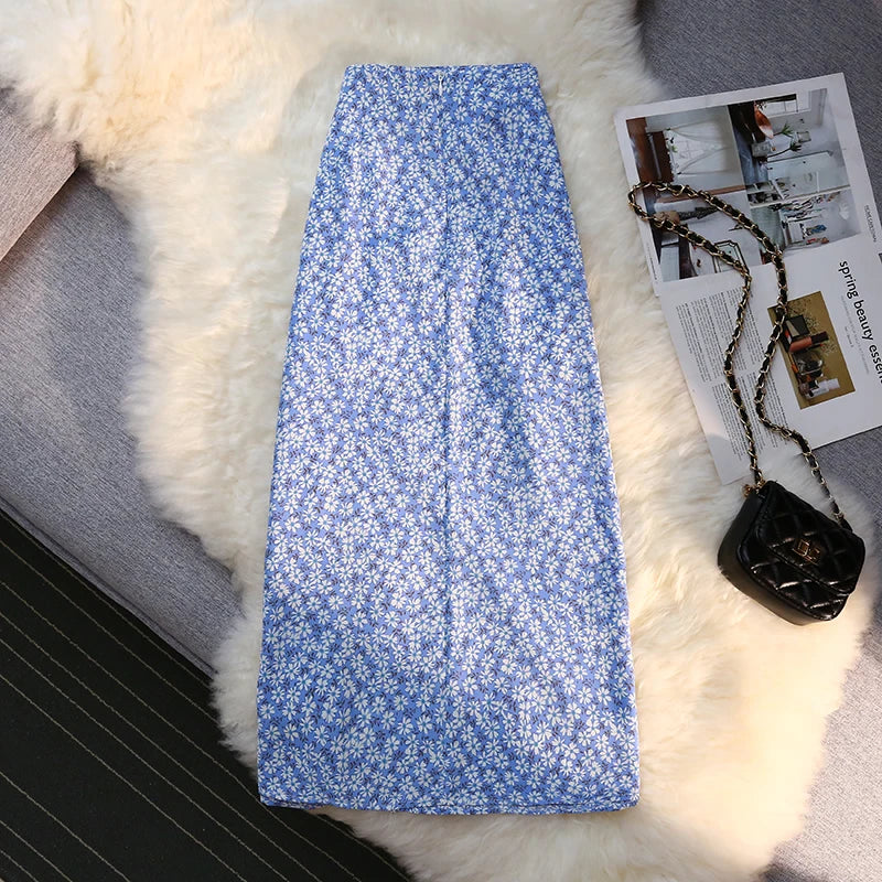Sexy Print Split Skirt Womens Summer 2023 A-line High Waist Slim Midi  Skirts Female Retro Elegant Wrap Hip Skirt Fashion