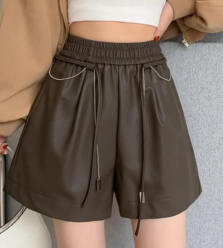 Autumn Winter Black Brown High Waist Drawstring Lace-up Leather Shorts Women's Korean Version Loose Versatile Casual Short Pant