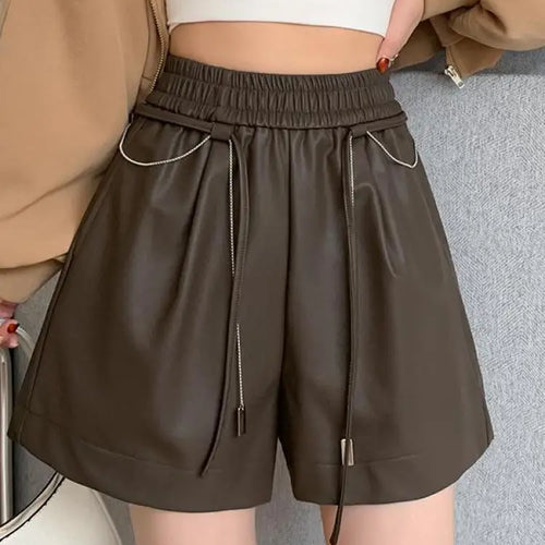 Load image into Gallery viewer, Autumn Winter Black Brown High Waist Drawstring Lace-up Leather Shorts Women&#39;s Korean Version Loose Versatile Casual Short Pant
