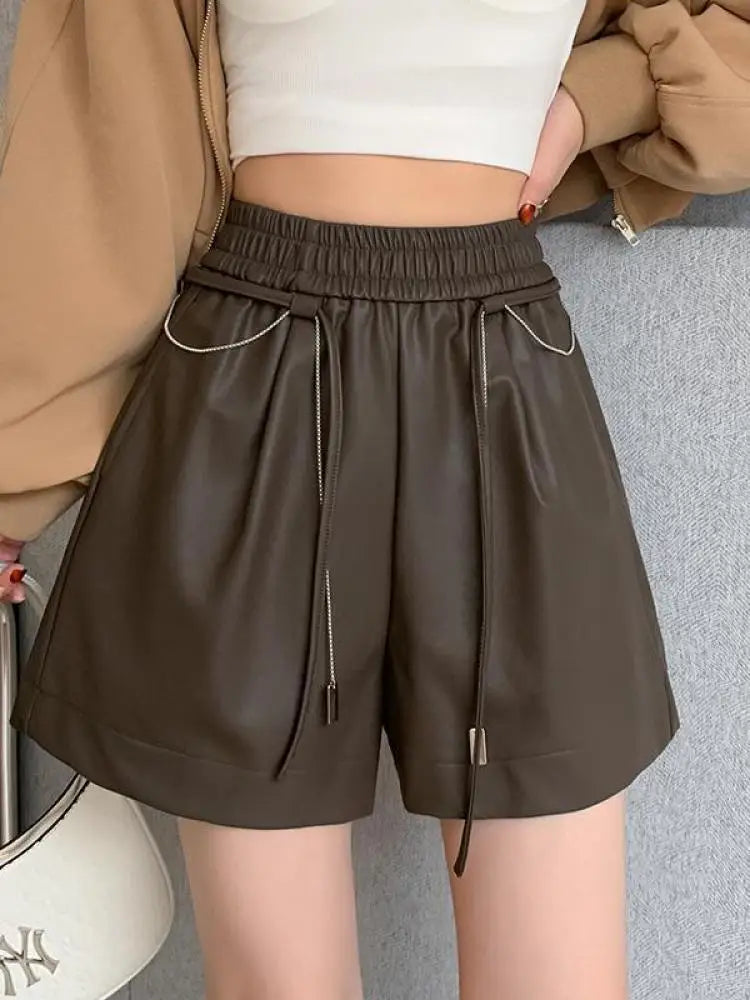 Autumn Winter Black Brown High Waist Drawstring Lace-up Leather Shorts Women's Korean Version Loose Versatile Casual Short Pant