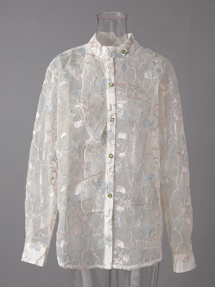 Women Apricot Embroidery Thin Big Size Blouse New Stand Collar Long Sleeve Shirt Fashion Tide Spring Summer 2025 CPG3123