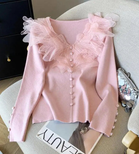 Autumn Winter Black Beige Elegant V Neck Short Knitted Sweater French Women Pink Single Breasted Long Sleeved Pullover Tops Chic