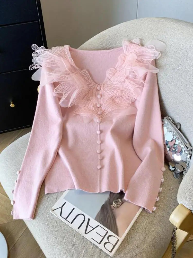 Autumn Winter Black Beige Elegant V Neck Short Knitted Sweater French Women Pink Single Breasted Long Sleeved Pullover Tops Chic