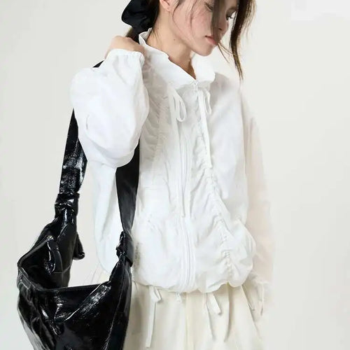 Load image into Gallery viewer, Green Drawstring Big Size Short Jacket New Stand Collar Long Sleeve Women Coat Fashion Tide Spring Autumn 2025 1DH9497
