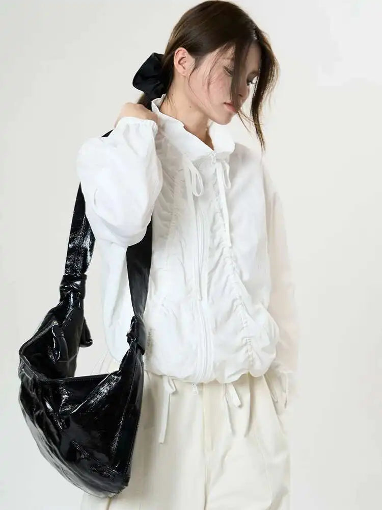 Green Drawstring Big Size Short Jacket New Stand Collar Long Sleeve Women Coat Fashion Tide Spring Autumn 2025 1DH9497