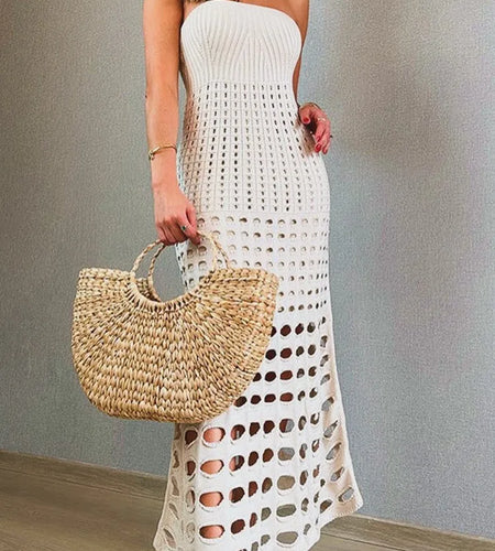 Strapless Off-shoulder Hollow Out Knit Maxi Dress For Women Gown Fashion Sleeveless Backless Beach Skinny Long Dress