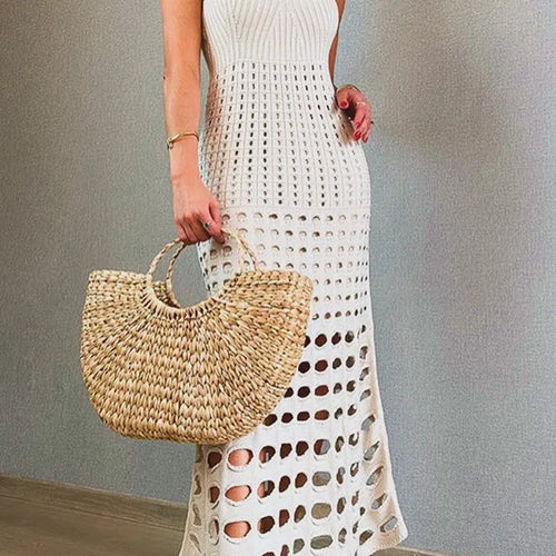 Load image into Gallery viewer, Strapless Off-shoulder Hollow Out Knit Maxi Dress For Women Gown Fashion Sleeveless Backless Beach Skinny Long Dress
