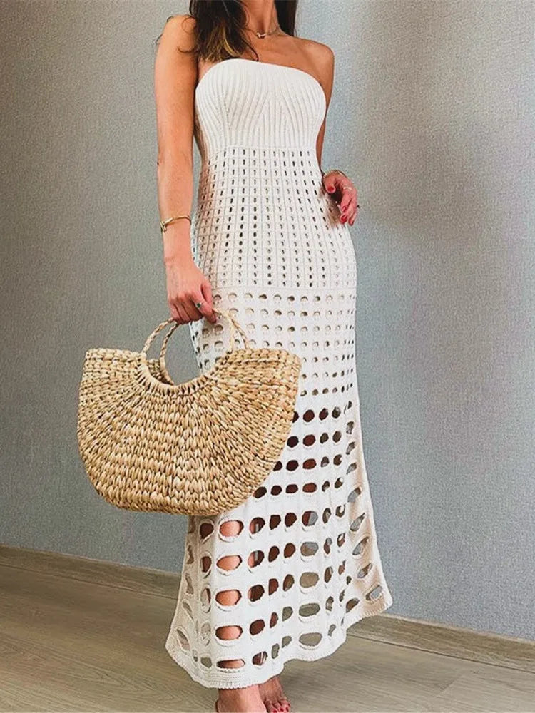 Strapless Off-shoulder Hollow Out Knit Maxi Dress For Women Gown Fashion Sleeveless Backless Beach Skinny Long Dress