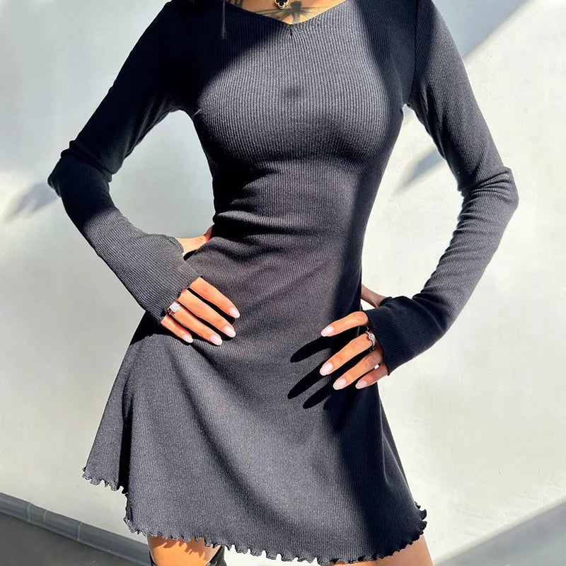 Ribbed Long Sleeve Sexy Mini Dress For Women Autumn Winter New O Neck Bandage Lace-up Fashion Elegant Dress Vestidos