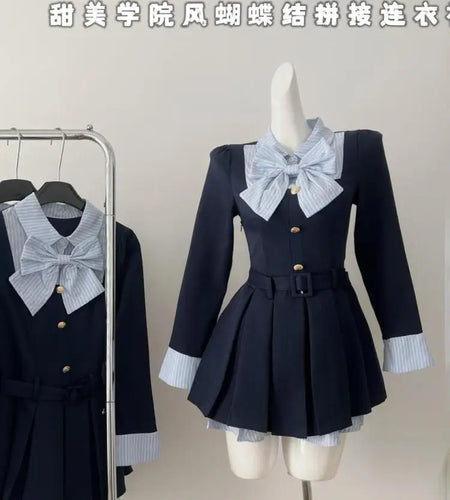 Autumn Vintage Blue Stripe Patchwork Elegant Long Sleeve Mini Dress Women College Style Button Pleated Short Dress Fashion Trend