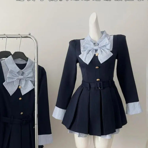 Load image into Gallery viewer, Autumn Vintage Blue Stripe Patchwork Elegant Long Sleeve Mini Dress Women College Style Button Pleated Short Dress Fashion Trend
