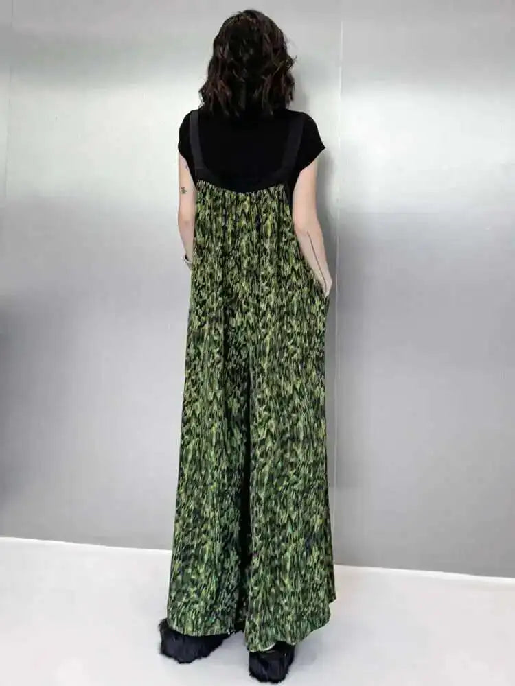 High Waist Green Pattern Printed Big Size Long Overalls Pants New Trousers Women Fashion Tide Spring Autumn 2025 1DH6622