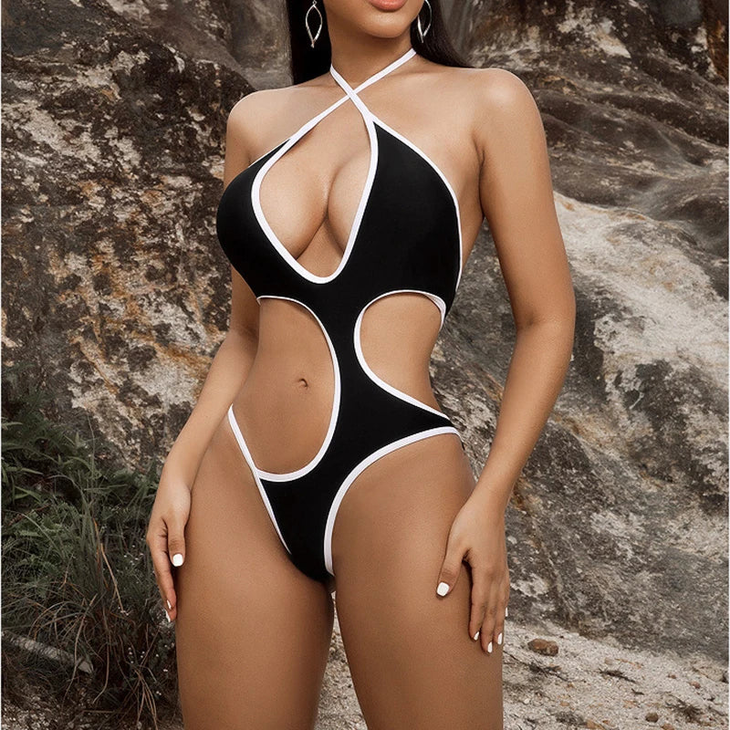 Block Color Halter One Piece Swimsuit Women 2024 Hollow Out Monokini Sexy Swimwear Cut Out Bathing Suit