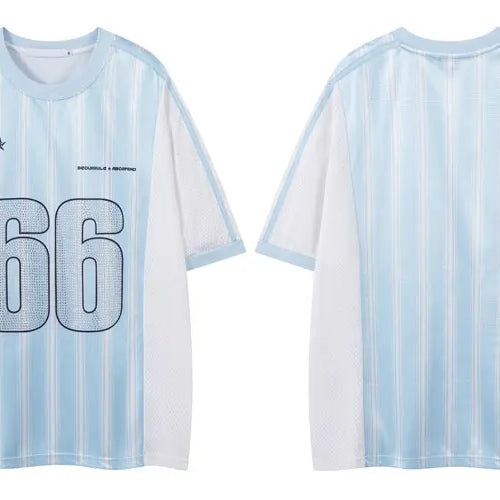 Load image into Gallery viewer, Vintage Mesh Jersey T-Shirt with Rhinestones Graphic Printed Stripe Patchwork Sport Tshirt Streetwear Hip Hop Quick Drying Top
