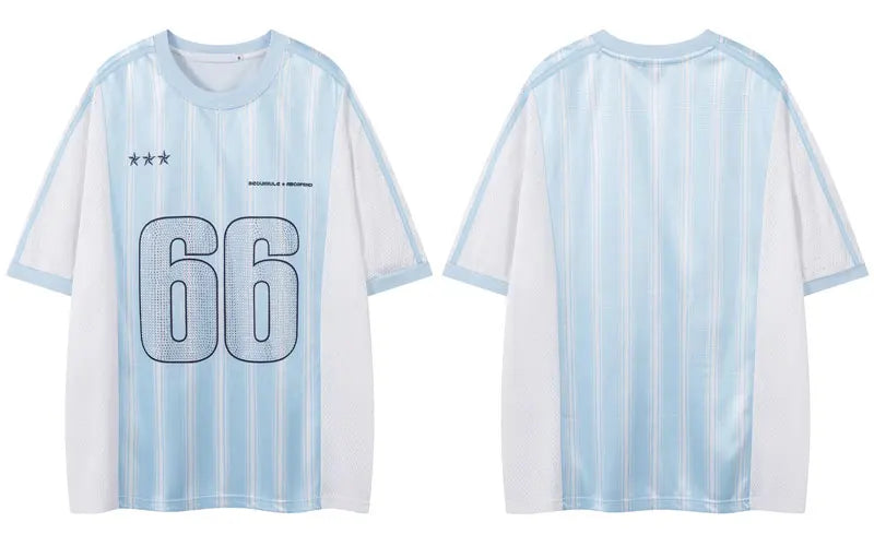 Vintage Mesh Jersey T-Shirt with Rhinestones Graphic Printed Stripe Patchwork Sport Tshirt Streetwear Hip Hop Quick Drying Top