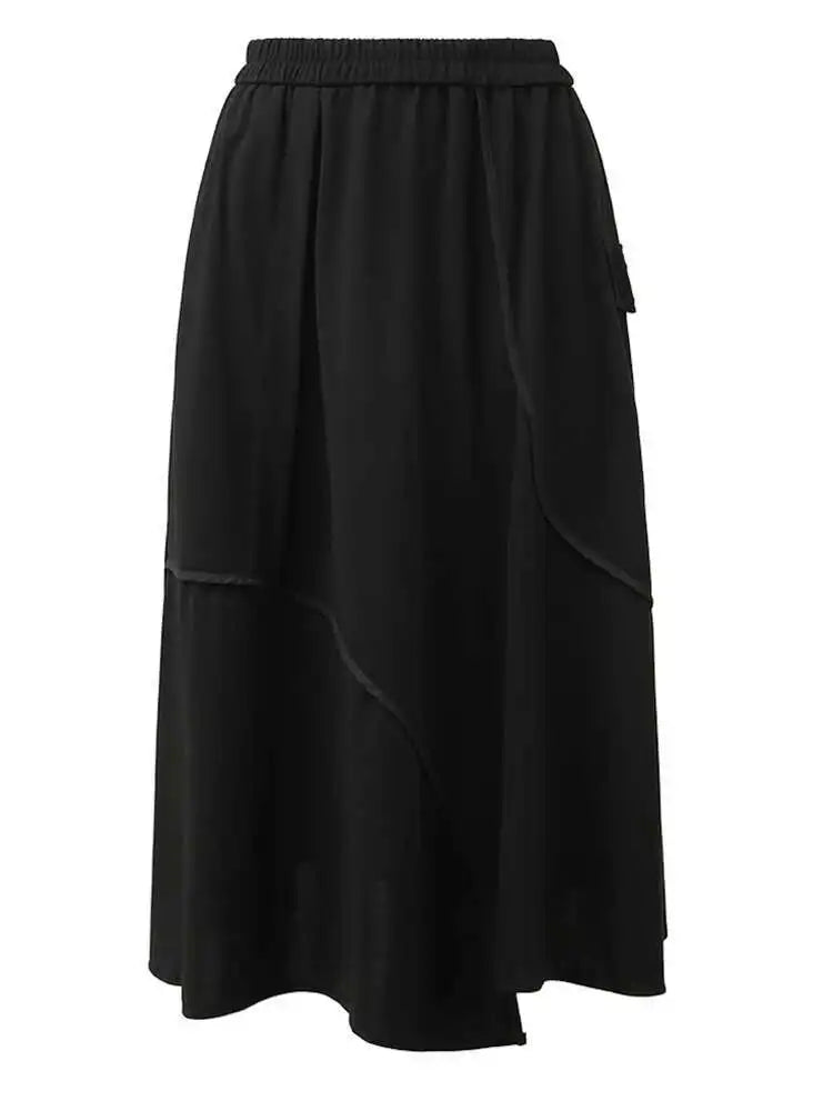 High Elastic Waist Black Pocket Spliced Irregular A-line Half-body Skirt Women Fashion Tide New Spring Autumn 2025 1DH5346