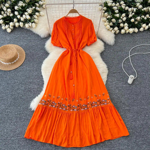 Load image into Gallery viewer, Retro 2024 Summer New Women's Round Neck Embroidered Lace Patchwork Lace Up Long Dresses Fashion Short Sleeves Button Dress Boho
