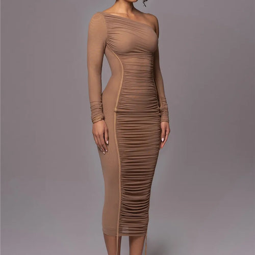 Load image into Gallery viewer, Diagonal Collar Long Sleeve Midi Dress For Women Two Layer Mesh Backless Ruched Bodycon Club Party Sexy Long Dress
